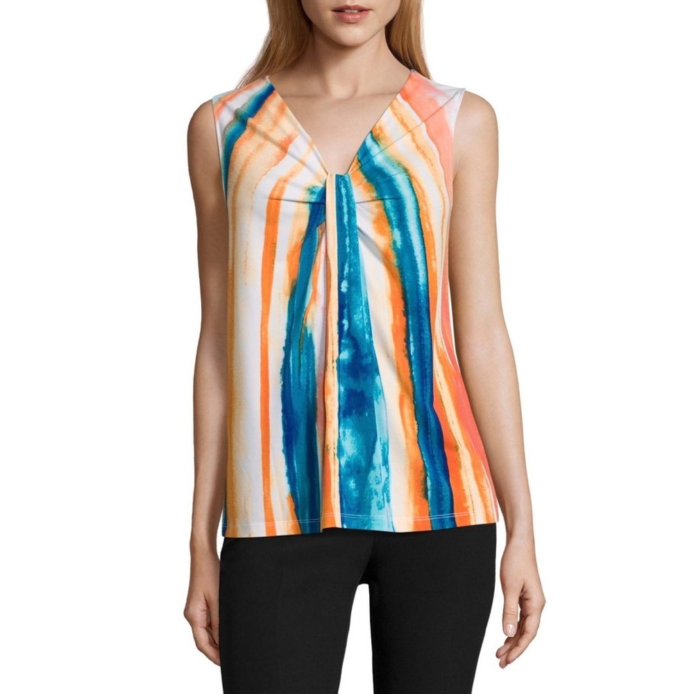 Worthington Petite Sleeveless V-Neck Twist Front Watercolor Stripe Blouse PS